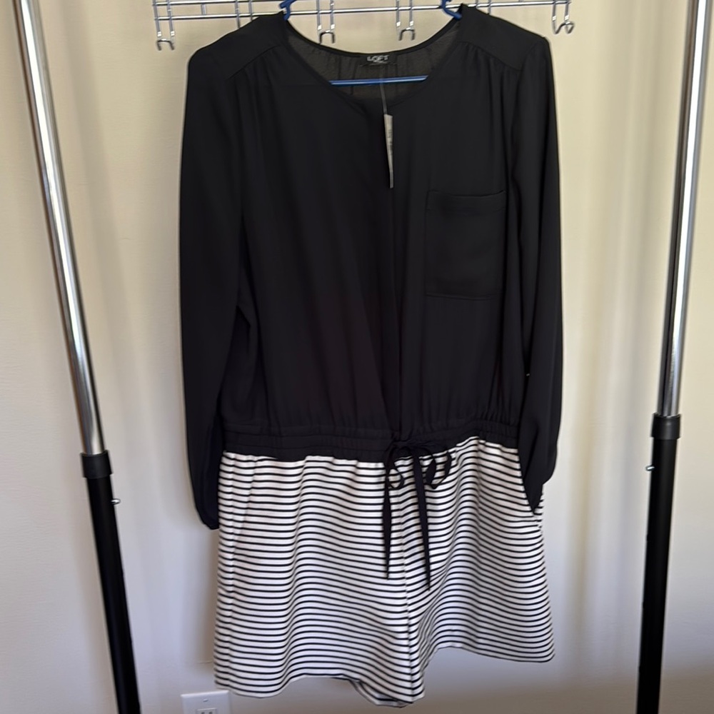NWT LOFT Black and White Fit and Flare ROMPER with Bishop Sleeves